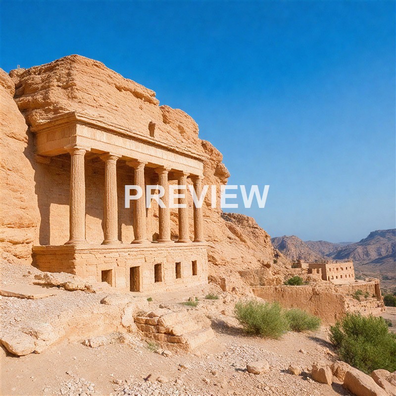 The image shows an ancient stone structure with columns and a triangular pediment, partially embedded in a rugged, desert-like landscape with distant mountains and a clear blue sky.